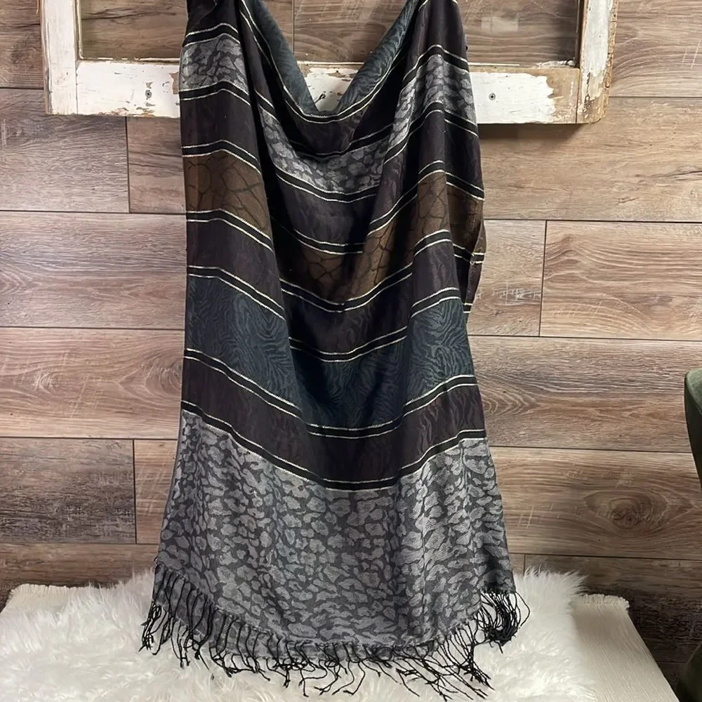ACCESSORY STREET Ladies Scarf Wrap Black Brown Silver Threading Fringe Large